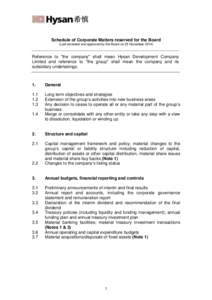 Schedule of Corporate Matters reserved for the Board (Last reviewed and approved by the Board on 25 NovemberReference to “the company” shall mean Hysan Development Company Limited and reference to “the group