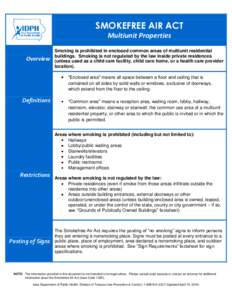 SMOKEFREE AIR ACT Multiunit Properties Overview Smoking is prohibited in enclosed common areas of multiunit residential buildings. Smoking is not regulated by the law inside private residences