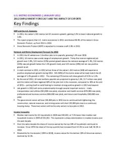 U.S. METRO ECONOMIES | JANUARY[removed]EMPLOYMENT FORECAST AND THE IMPACT OF EXPORTS Key Findings GDP and the U.S. Economy  In 2011, the nation’s 363 metros led US economic growth, gaining 2.2% to boost national g