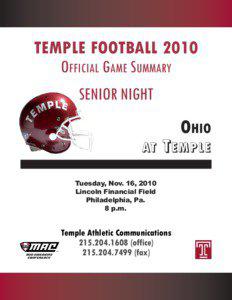 TEMPLE FOOTBALL 2010 OFFICIAL GAME SUMMARY SENIOR NIGHT