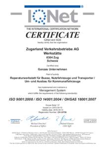 CERTIFICATE IQNet and SQS hereby certify that the organisation  Zugerland Verkehrsbetriebe AG