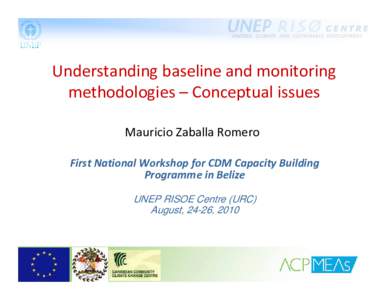 Understanding baseline and monitoring  methodologies – Conceptual issues Mauricio Zaballa Romero First National Workshop for CDM Capacity Building  Programme in Belize  UNEP RISOE Centre (URC)