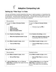 Adaptive Computing Lab Setting Up “Filter Keys” in Vista You can set Windows to ignore keystrokes that occur in rapid succession, or keystrokes that are held down for several seconds unintentionally. The instructions