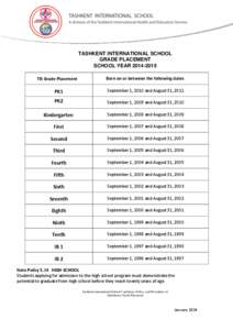 TASHKENT INTERNATIONAL SCHOOL GRADE PLACEMENT SCHOOL YEAR[removed]TIS Grade Placement  Born on or between the following dates