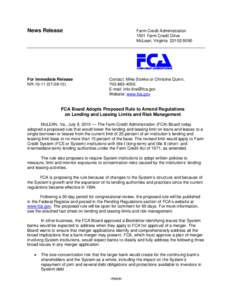 FCA Board Adopts Proposed Rule to Amend Regulations on Lending and Leasing Limits and Risk Management