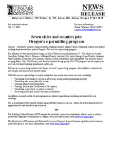 NEWS RELEASE Director’s Office, 350 Winter St. NE, Room 200, Salem, Oregon[removed]For immediate release: Feb. 12, 2014