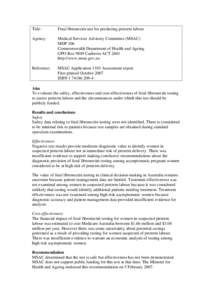 Title:  Fetal fibronectin test for predicting preterm labour Agency: