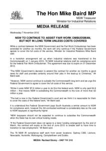 The Hon Mike Baird MP NSW Treasurer Minister for Industrial Relations MEDIA RELEASE Wednesday 7 November 2012