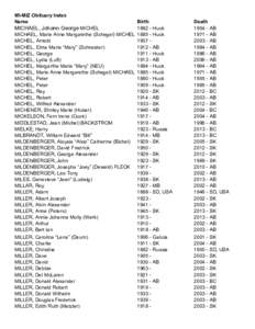 MI-MIZ Obituary Index Name Birth[removed]Huck MICHAEL, Marie Anne Margarethe (Schegel) MICHEL[removed]Huck