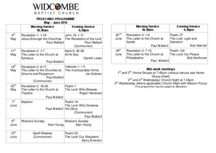 Preaching Programme for May to June 2014