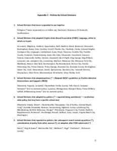 Appendix C - Policies By School Divisions  1. School Divisions that never responded to our inquiries Arlington (*never responded to our follow-up), Buchanan, Dickenson, Portsmouth, Southampton 2. School Divisions that ad