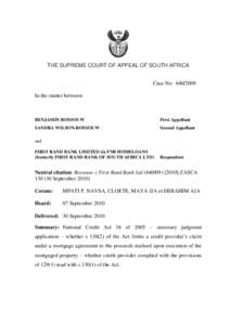 THE SUPREME COURT OF APPEAL OF SOUTH AFRICA Case No: [removed]In the matter between: BENJAMIN ROSSOUW
