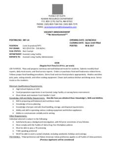 PUEBLO OF ISLETA HUMAN RESOURCES DEPARTMENT P.O. BOX 1270, ISLETA, NM[removed]PHONE: ([removed]FAX: ([removed]EMAIL: [removed] VACANCY ANNOUNCEMENT