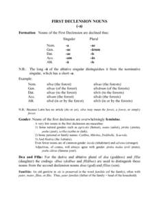 FIRST DECLENSION NOUNS (-a) Formation: Nouns of the First Declension are declined thus: Singular Nom. Gen.