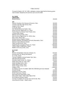 PUBLIC NOTICE Pursuant to Section 42F-107, HRS, notification is being made that the following grants have not been released by the Governor as of June 30, 2009: Act[removed]OPERATING: