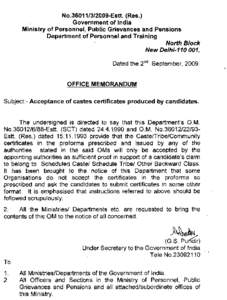 No[removed]Estt. (Res.) Government of India Ministry of Personnel, Public Grievances and Pensions Department of Personnel and Training, North Block New Delhi[removed],