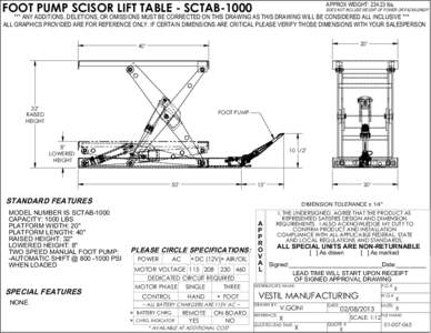 FOOT PUMP SCISOR LIFT TABLE - SCTAB[removed]APPROX WEIGHT: [removed]lbs. DOES NOT INCLUDE WEIGHT OF POWER OR PACKAGING!!!