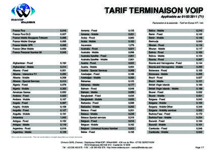 TARIF TERMINAISON VOIP  Applicable au[removed]T1) Facturation à la seconde - Tarif en Euros HT / min France Fixe