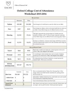 Office of Financial Aid  Oxford College Cost of Attendance WorksheetBilled Costs