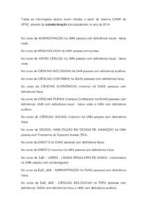 Todas as informações abaixo foram obtidas a partir do sistema CAGR da UFSC, através da autodeclaração dos estudantes no ano deNo curso de ADMINISTRAÇÃO há UMA pessoa com deficiência visual - baixa visão.