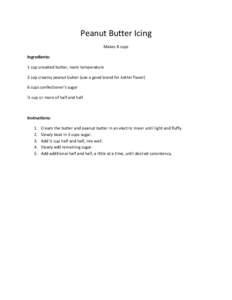 Peanut Butter Icing Makes 8 cups Ingredients: 1 cup unsalted butter, room temperature 2 cup creamy peanut butter (use a good brand for better flavor) 6 cups confectioner’s sugar