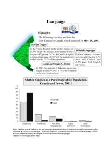 Language Highlights The following statistics are from the 2001 Census of Canada which occurred on May 15, 2001. Mother Tongue In the Yukon, English is the mother tongue of