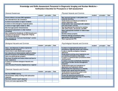Knowledge and Skills Assessment Personnel in Diagnostic Imaging and Nuclear Medicine – Verification Checklist for Preceptors or Self-assessment General Awareness Physical Hazards and Controls student