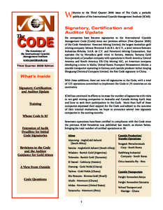 W  elcome to the Third Quarter 2008 issue of The Code, a periodic publication of the International Cyanide Management Institute (ICMI).  The