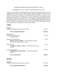 COMMITTEE SUBSTITUTE FOR RESOLUTION NOAMENDMENT TO 2010 ACTION PLAN FOR KANSAS CITY, MO At the time of preparation of the 2010 One Year Action Plan in early March 2010, the actual entitlement grant amounts for t