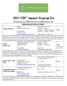 2014 “I DO” Summer Program List Identifying opportunities, Developing relationships & Organizing partnerships PROGRAM FEES: FREE Camp ArtSmart  SCAPA