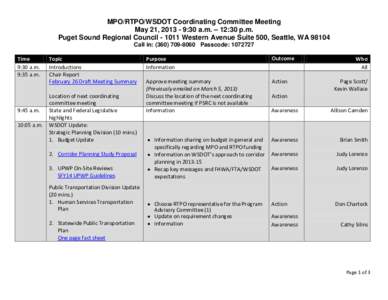 May 21, 2013 MPO/RTPO/WSDOT Coordinating Committee Meeting agenda