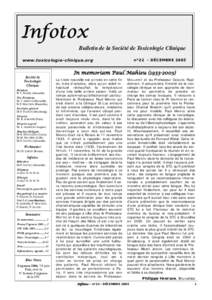 Infotox Bulletin de la Société de Toxicologie Clinique www.toxicologie-clinique.org Société de Toxicologie