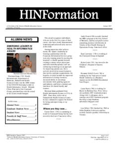 HINFormation A Newsletter of the School of Health Information Science University of Victoria ALUMNI NEWS EMERGING LEADER IN
