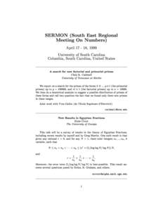 SERMON (South East Regional Meeting On Numbers) April[removed], 1999 University of South Carolina Columbia, South Carolina, United States