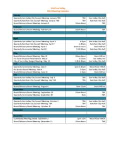 Visit Sun Valley 2014 Meeting Calendar January Quarterly Sun Valley City Council Meeting- January TBD Quarterly Ketchum City Council Meeting- January TBD Board/Advisory Board Meeting- January 9