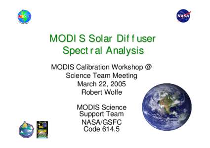 MODIS Solar Diffuser Spectral Analysis MODIS Calibration Workshop @ Science Team Meeting March 22, 2005 Robert Wolfe