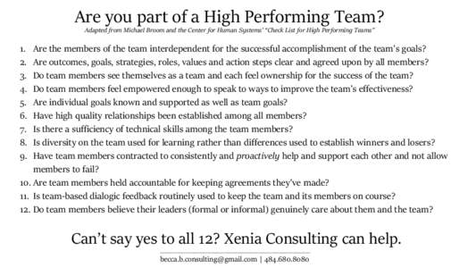 Are you part of a High Performing Team? Adapted from Michael Broom and the Center for Human Systems’ “Check List for High Performing Teams” .