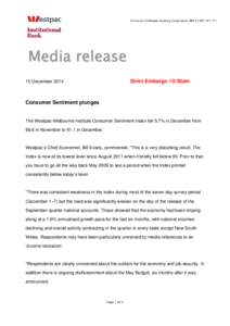 A division of Westpac Banking Corporation ABN[removed]Media release Strict Embargo 10:30am  10 December 2014