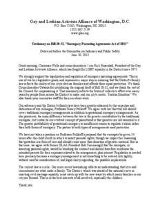Gay and Lesbian Activists Alliance of Washington, D.C. P.O. Box 75265, Washington, DC[removed]5139 www.glaa.org Testimony on Bill 20-32, 