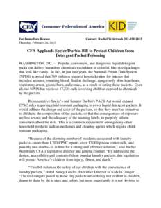 For Immediate Release Thursday, February 26, 2015 Contact: Rachel WeintraubCFA Applauds Speier/Durbin Bill to Protect Children from