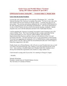 Gender Issues and Worklife Balance Newsletter Spring 2007 Edition (updated 20 April[removed]____________________________________________________________________ GIWB Section Newsletter, Spring 2007 Newsletter Editor: L. Mu