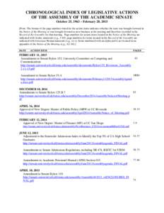 CHRONOLOGICAL INDEX OF LEGISLATIVE ACTIONS OF THE ASSEMBLY OF THE ACADEMIC SENATE October 25, 1963 – February 28, 2015 [Note: The format of the page numbers listed for the action items indicates whether the item was br