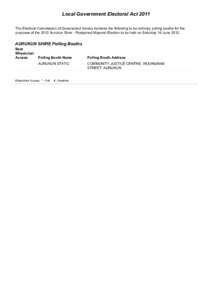 Local Government Electoral Act 2011 The Electoral Commission of Queensland hereby declares the following to be ordinary polling booths for the purposes of the 2012 Aurukun Shire - Postponed Mayoral Election to be held on