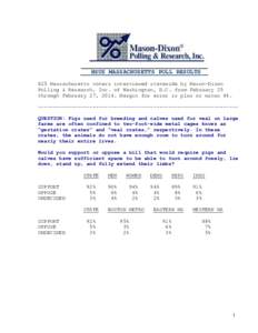 HSUS MASSACHUSETTS POLL RESULTS__ 625 Massachusetts voters interviewed statewide by Mason-Dixon Polling & Research, Inc. of Washington, D.C. from February 25 through February 27, 2014. Margin for error is plus or minus 4