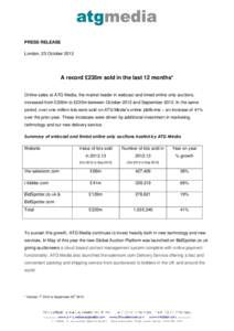 PRESS RELEASE London, 25 October 2013 A record £235m sold in the last 12 months* Online sales at ATG Media, the market leader in webcast and timed online only auctions, increased from £200m to £235m between October 20