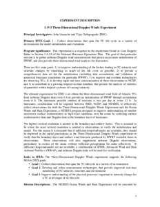 EXPERIMENT DESCRIPTION  1. P-3 Three-Dimensional Doppler Winds Experiment Principal Investigators: John Gamache and Vijay Tallapragada (EMC) Primary IFEX Goal: 1 - Collect observations that span the TC life cycle in a va