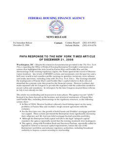 FEDERAL HOUSING FINANCE AGENCY  NEWS RELEASE