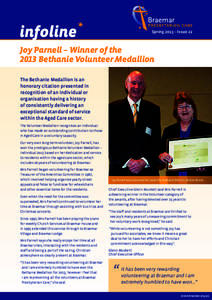 Spring 2013 – Issue 22  Joy Parnell – Winner of the 2013 Bethanie Volunteer Medallion The Bethanie Medallion is an honorary citation presented in