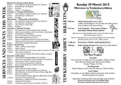 Sunday 29 March[removed]Welcome to Tewkesbury Abbey TEWKESBURY ABBEY - BULLETIN
