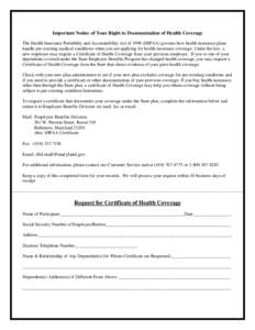 HIPAA Certificate (Important Notice of Your Right to Documentation of Health Coverage)